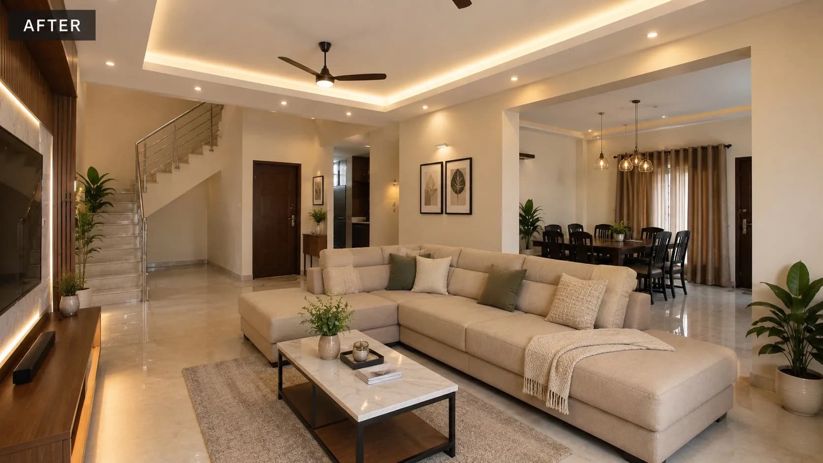 A finished Kolkata living room by Skypaint — painted walls, false ceiling and layered lighting